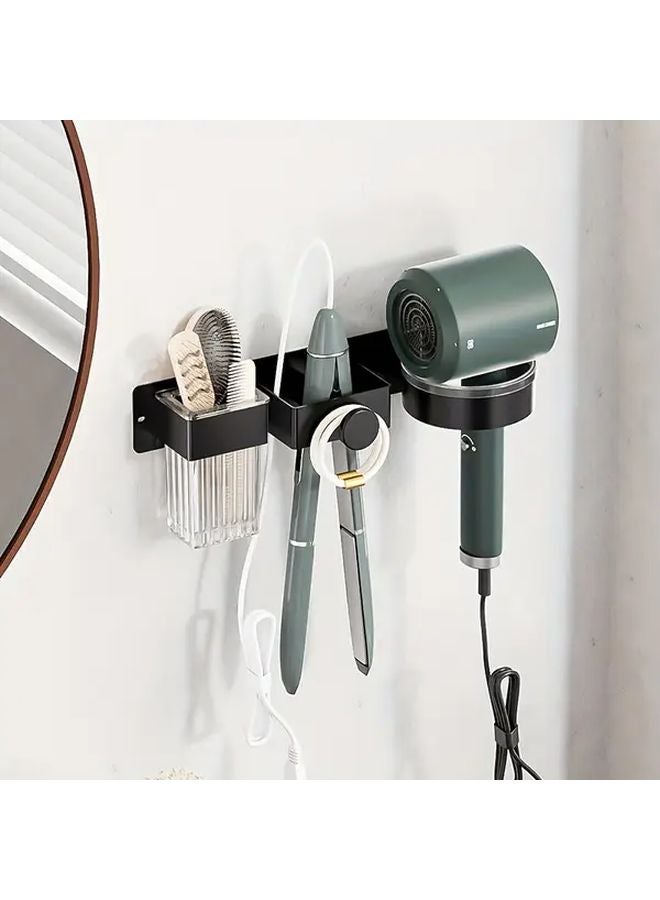 Wall Mounted Hair Dryer Holder No Drill Bathroom Organizer Black With Cup - Image 1
